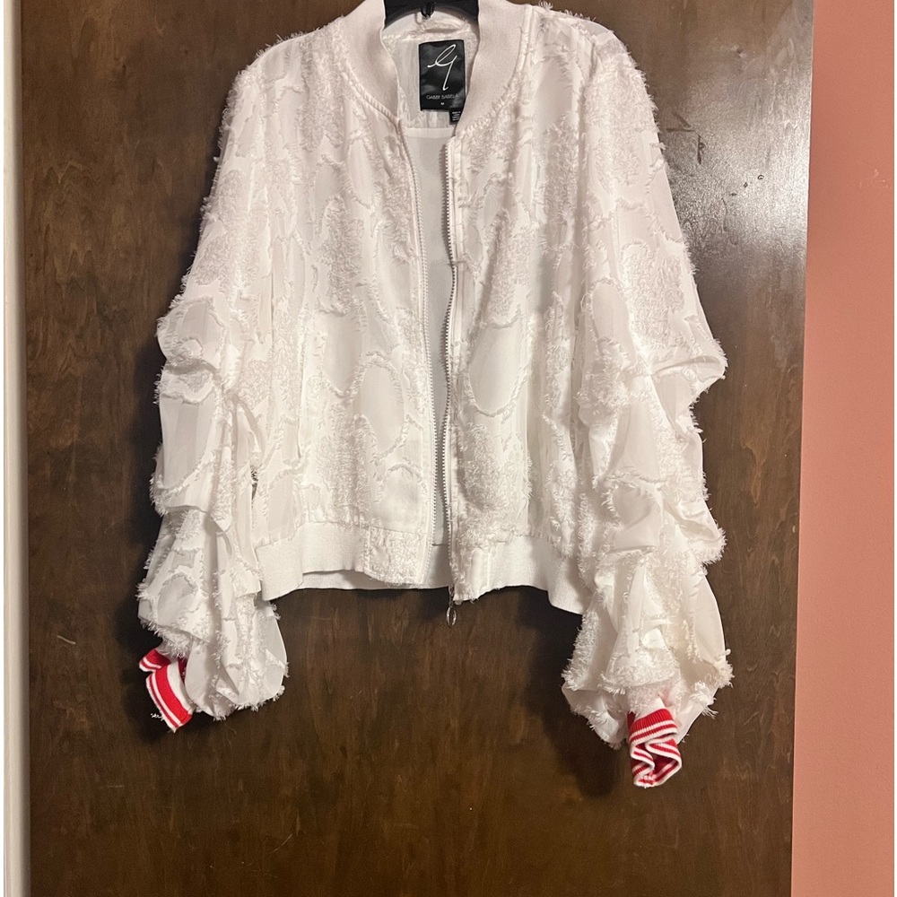 White embroidered zipper jacket with red & white on sleeves